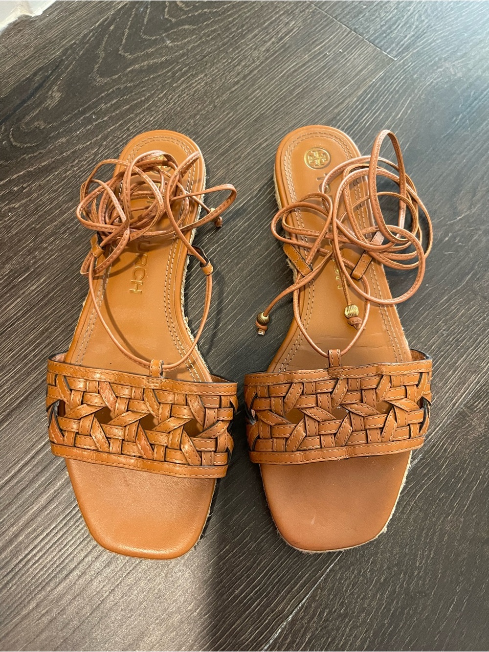 Tory Burch Brown Woven Leather Lace-Up Sandals